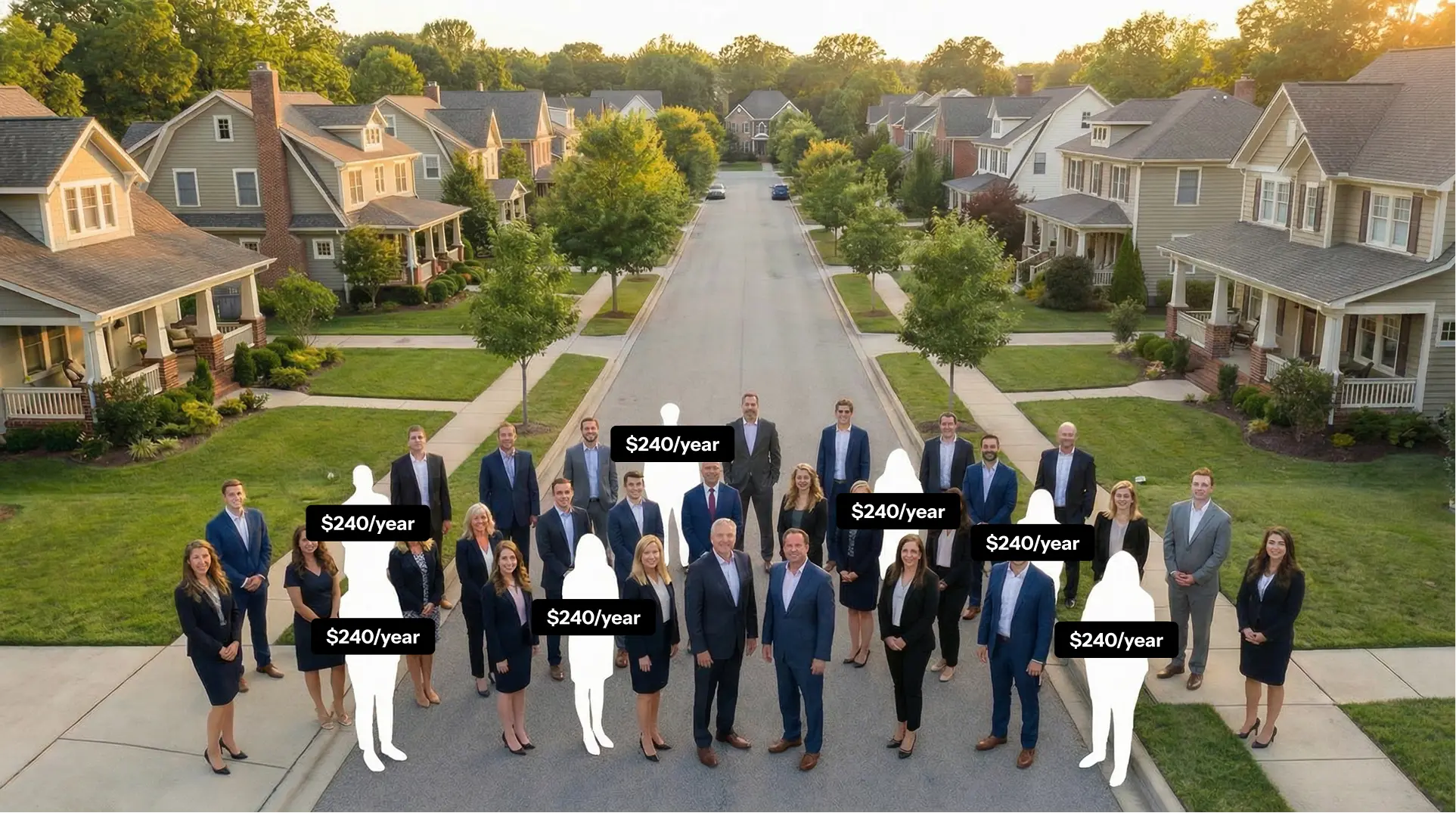 A group of real estate agents standing together on the street with overlay prices